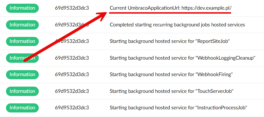 The configured UmbracoApplicationUrl visible in the application logs