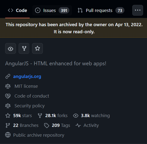 AngularJS is no longer an actively maintained framework.