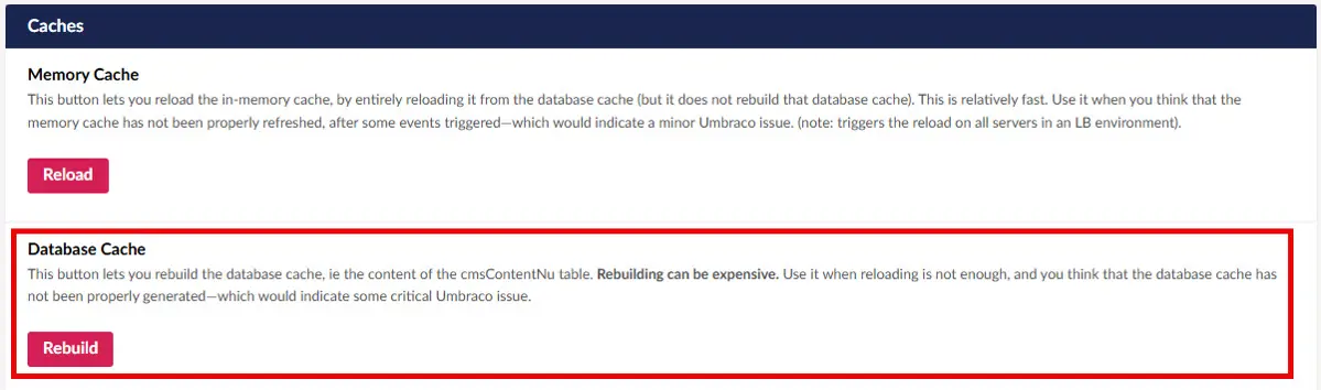 Umbraco 13 Database Cache rebuild action in Published Status