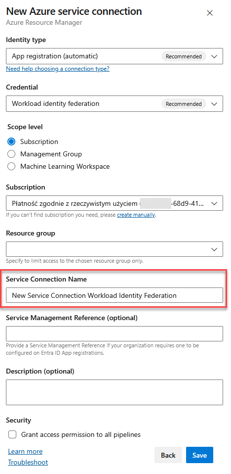 Creating an Azure Resource Manager service connection with workload identity federation.