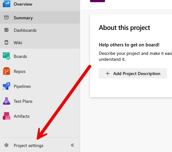 Open Project settings in the Azure DevOps project that owns the failing pipeline.