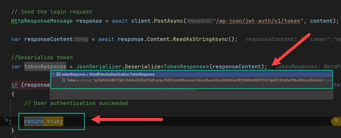 Successful authentication inspected at runtime.