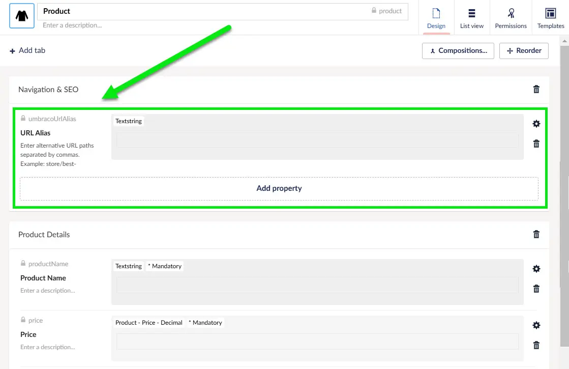 Umbraco Document Type with the reserved umbracoUrlAlias text property