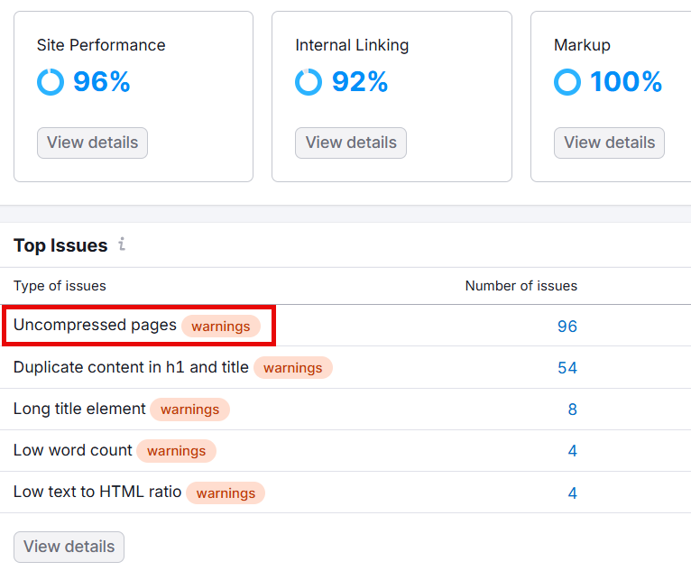 Semrush: an example of an “Uncompressed pages” site-audit warning.