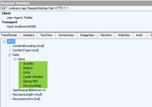 Testing the Umbraco 7 Web API endpoint in Postman.