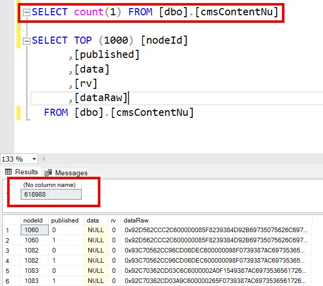 SQL Server showing approximately 600,000 rows in the Umbraco cmsContentNu table