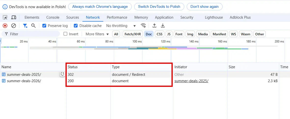 Browser DevTools showing the Umbraco 302 redirect from Summer Deals 2025 to 2026