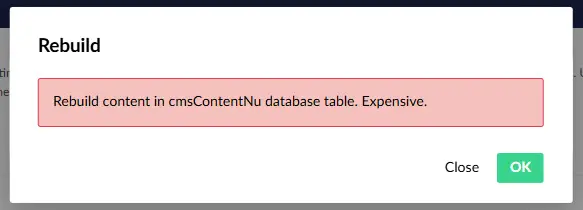 Umbraco 13 confirmation dialog for rebuilding the Database Cache