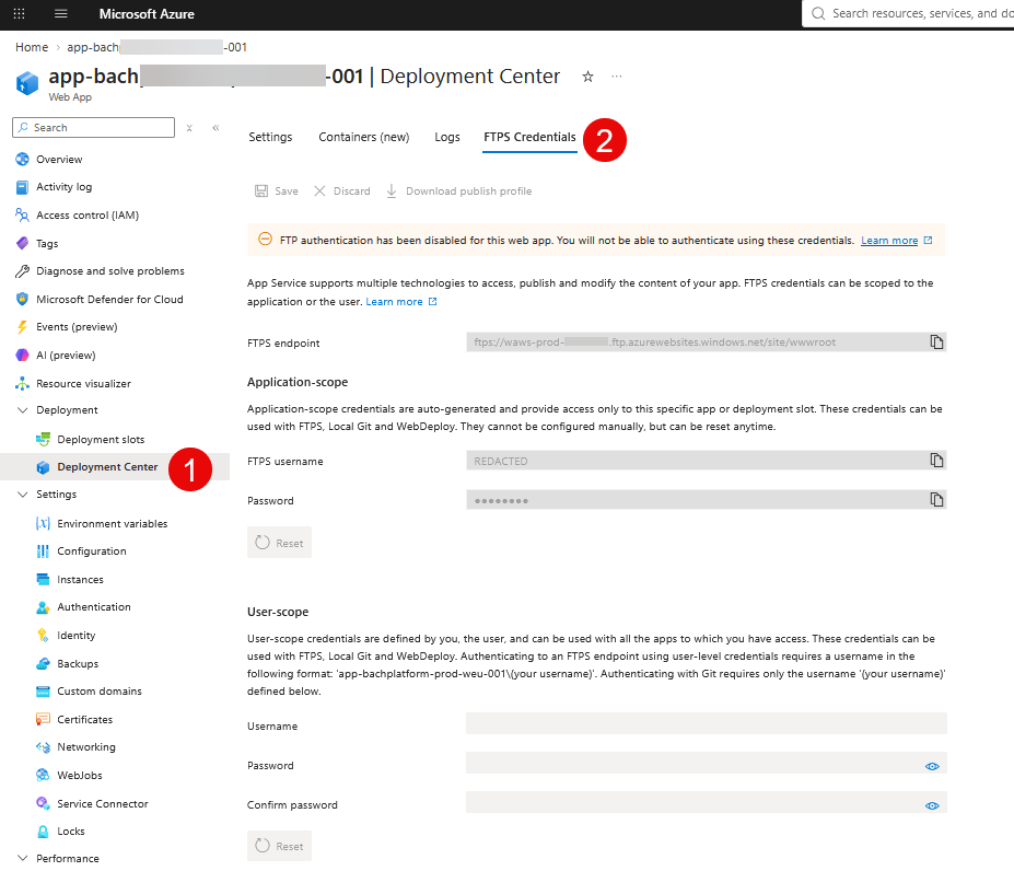 The current Azure App Service Deployment Center → FTPS Credentials view. 