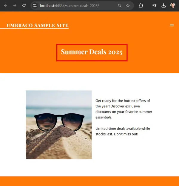 Umbraco content node for the Summer Deals 2025 redirect source