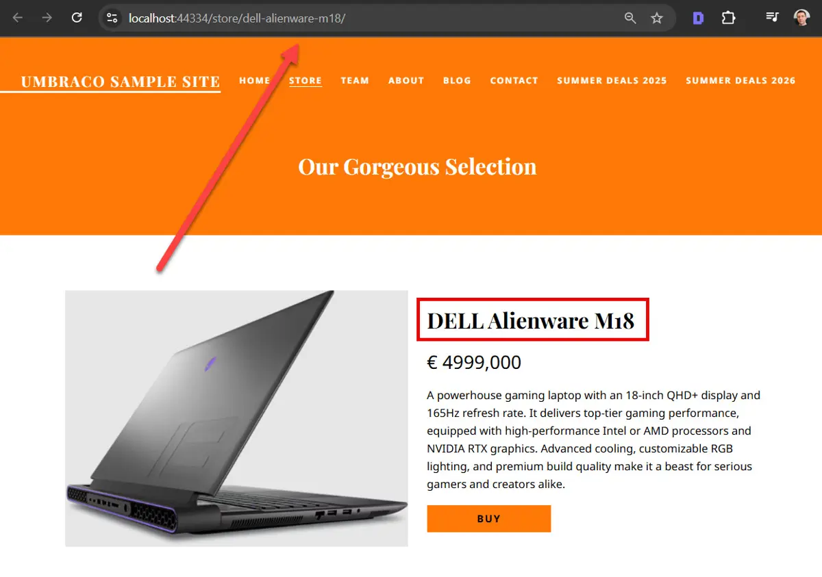 Umbraco DELL Alienware M18 product page before changing its generated URL segment