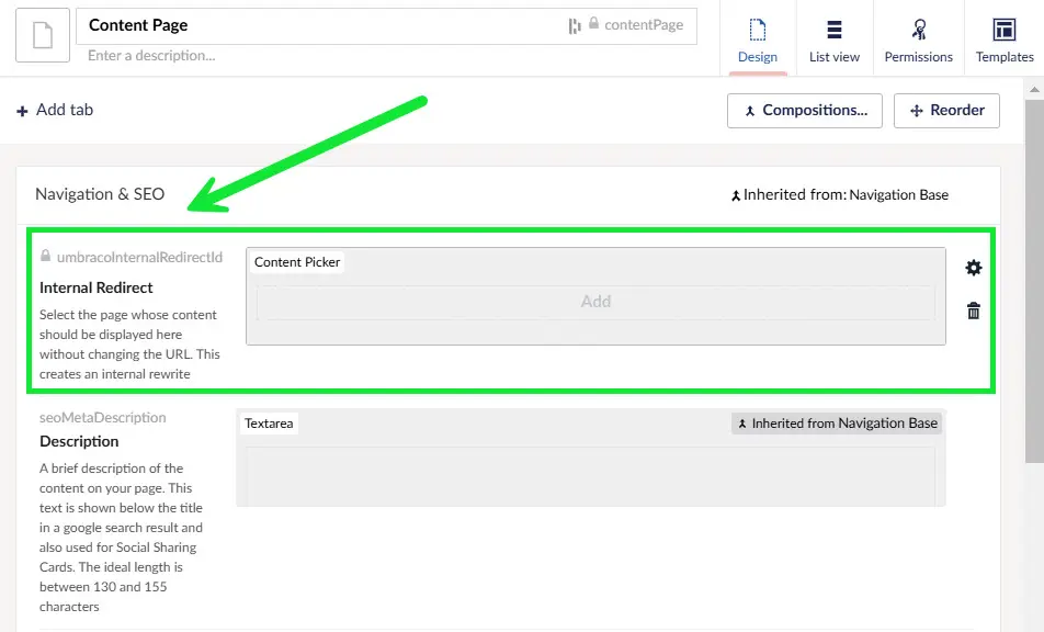 Umbraco Document Type with the reserved umbracoInternalRedirectId property