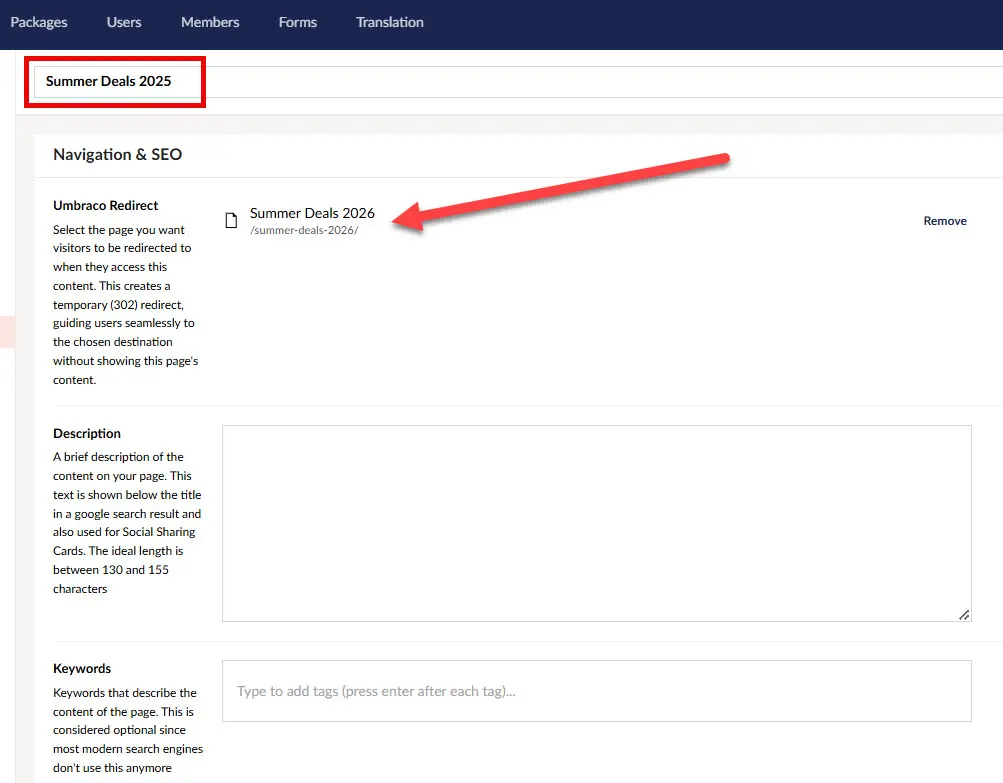 Umbraco backoffice Content Picker selecting the 302 redirect destination