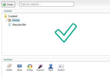 Umbraco 6 backoffice after the first successful login