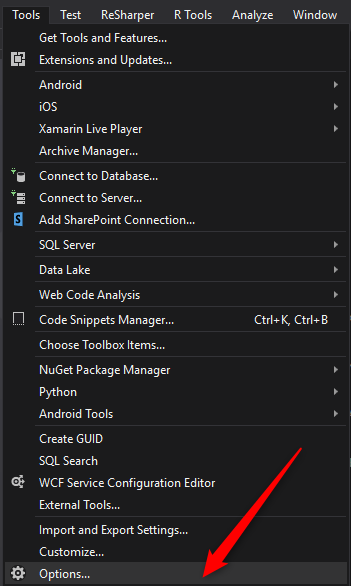 Resharper Tools Options in Visual Studio
