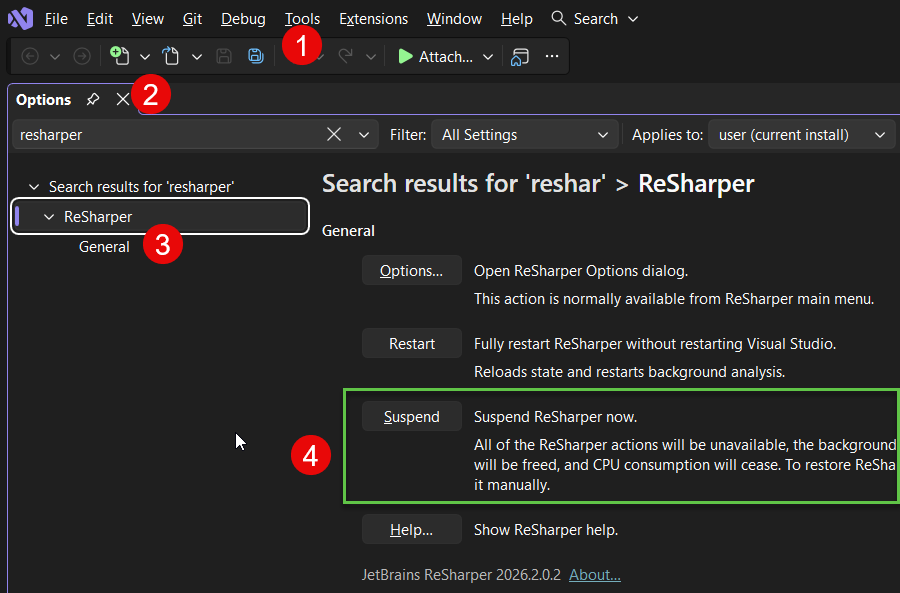 Visual Studio 2026 → Tools → Options → ReSharper