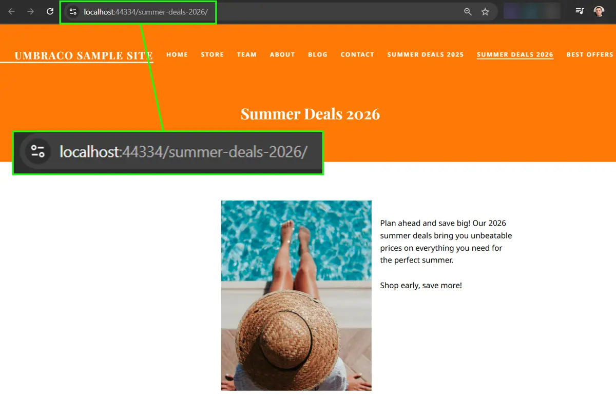 Umbraco Summer Deals 2026 content used as the internal redirect destination