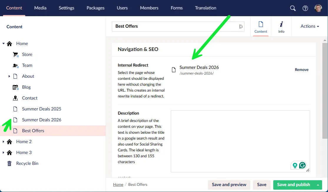 Umbraco Content Picker selecting the umbracoInternalRedirectId destination