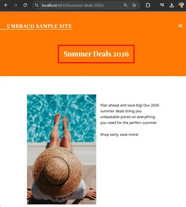 Umbraco content node for the Summer Deals 2026 redirect destination
