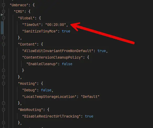 Umbraco 13 backoffice timeout configured in appsettings.json.