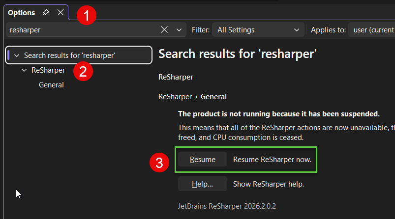 Tools → Options → ReSharper → Resume