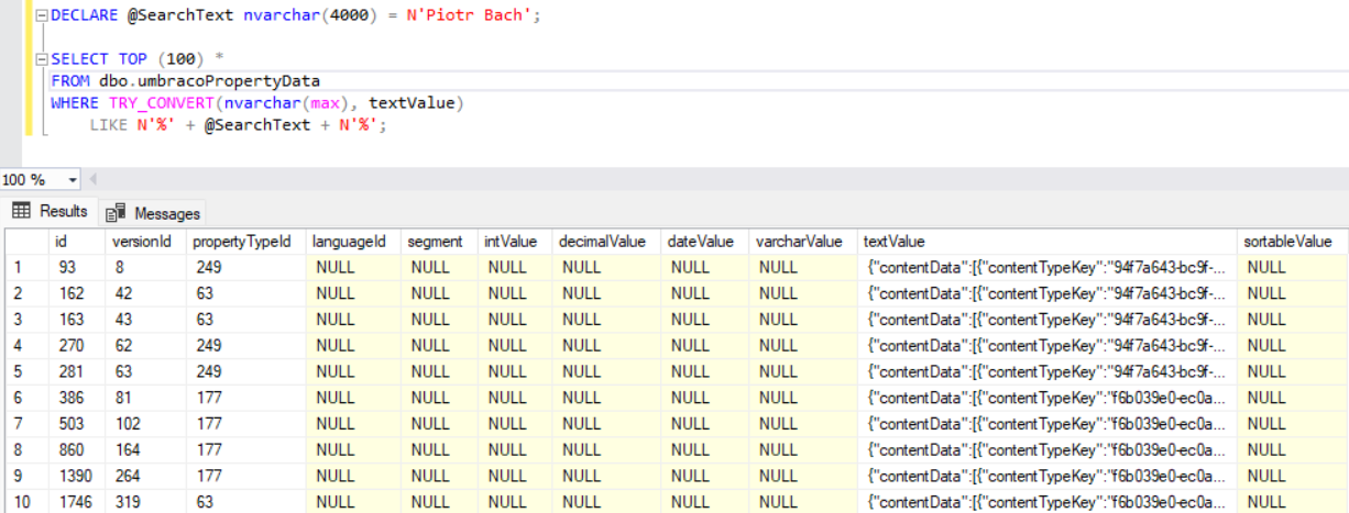 Inspect the matching rows