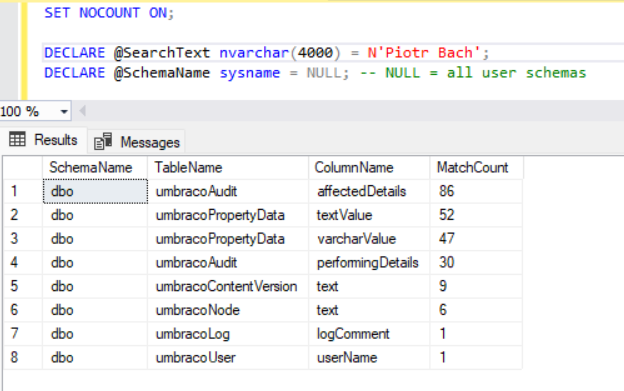Example search output showing where a search text was found in a SQL Server database.