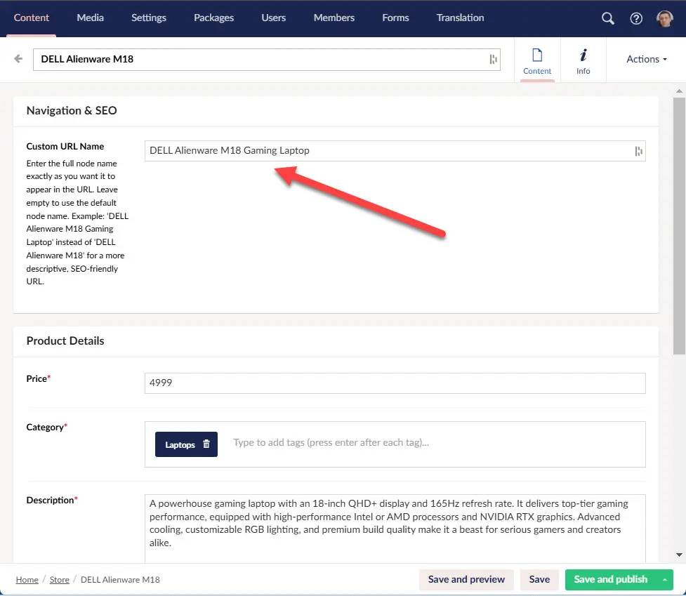 Umbraco content node with a custom umbracoUrlName value