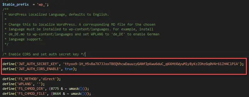 Configuring wp-config.php with the two JWT settings.