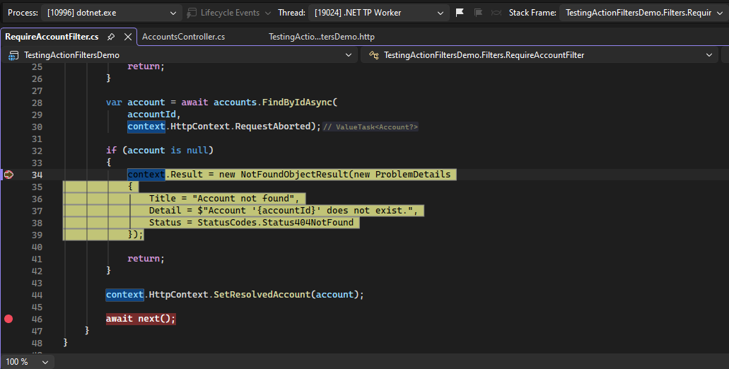 Debugger view showing a NotFoundObjectResult assigned by RequireAccountFilter while next has not been called