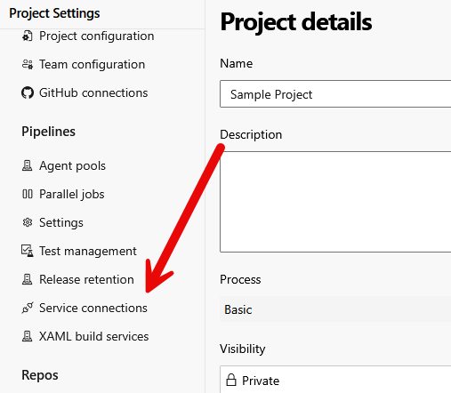 Open Service connections and inspect the Azure Resource Manager connection used by the deployment.