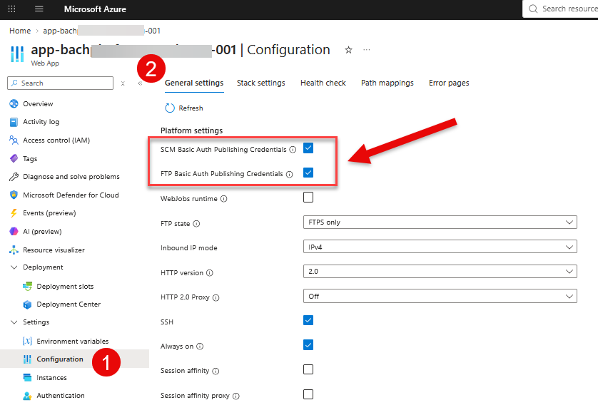 Enable both SCM Basic Auth Publishing Credentials and FTP Basic Auth Publishing Credentials