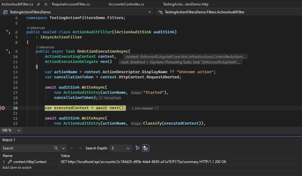 Debugger view showing ActionExecutedContext after await next with a successful result and no exception