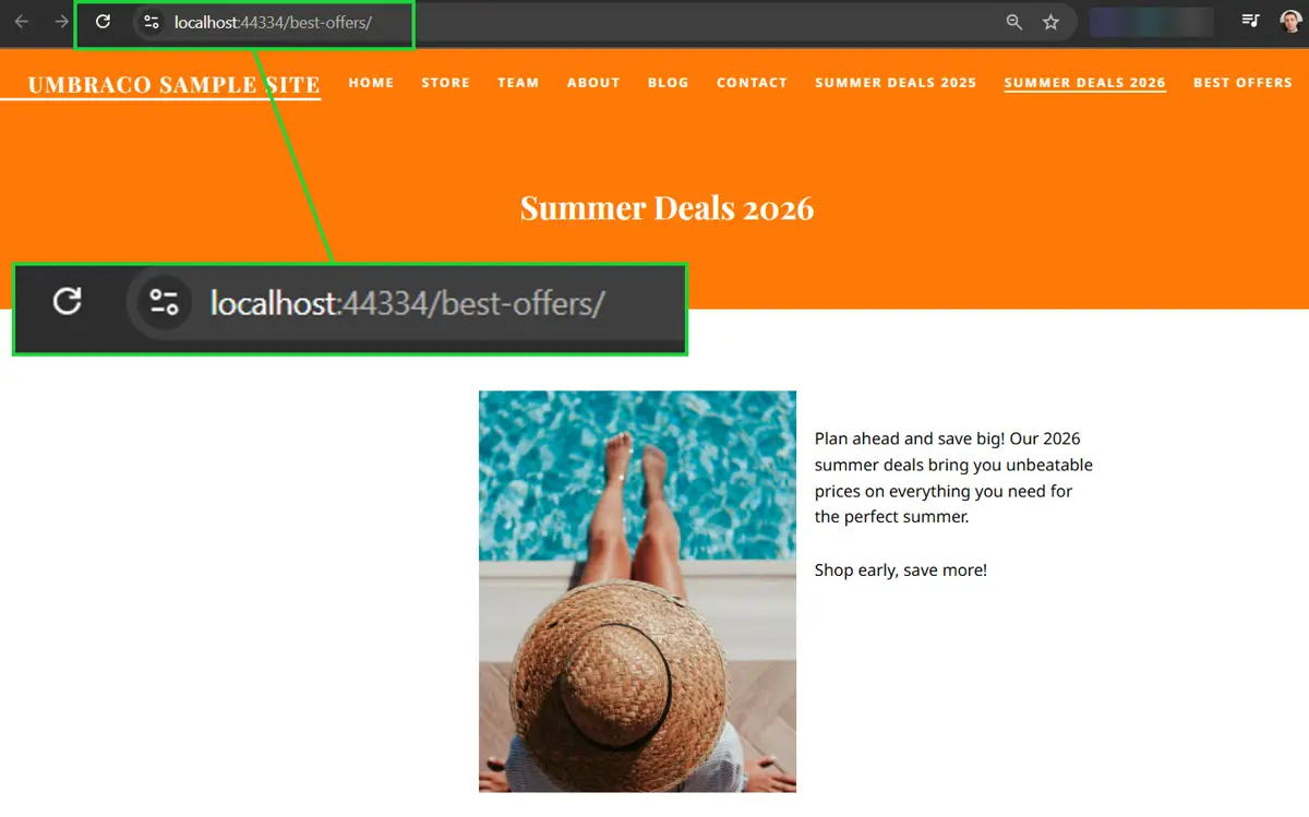 Browser rendering Summer Deals 2026 content while the original Umbraco URL remains in the address bar