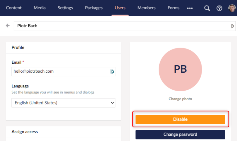 Disabling a user in the Umbraco backoffice.
