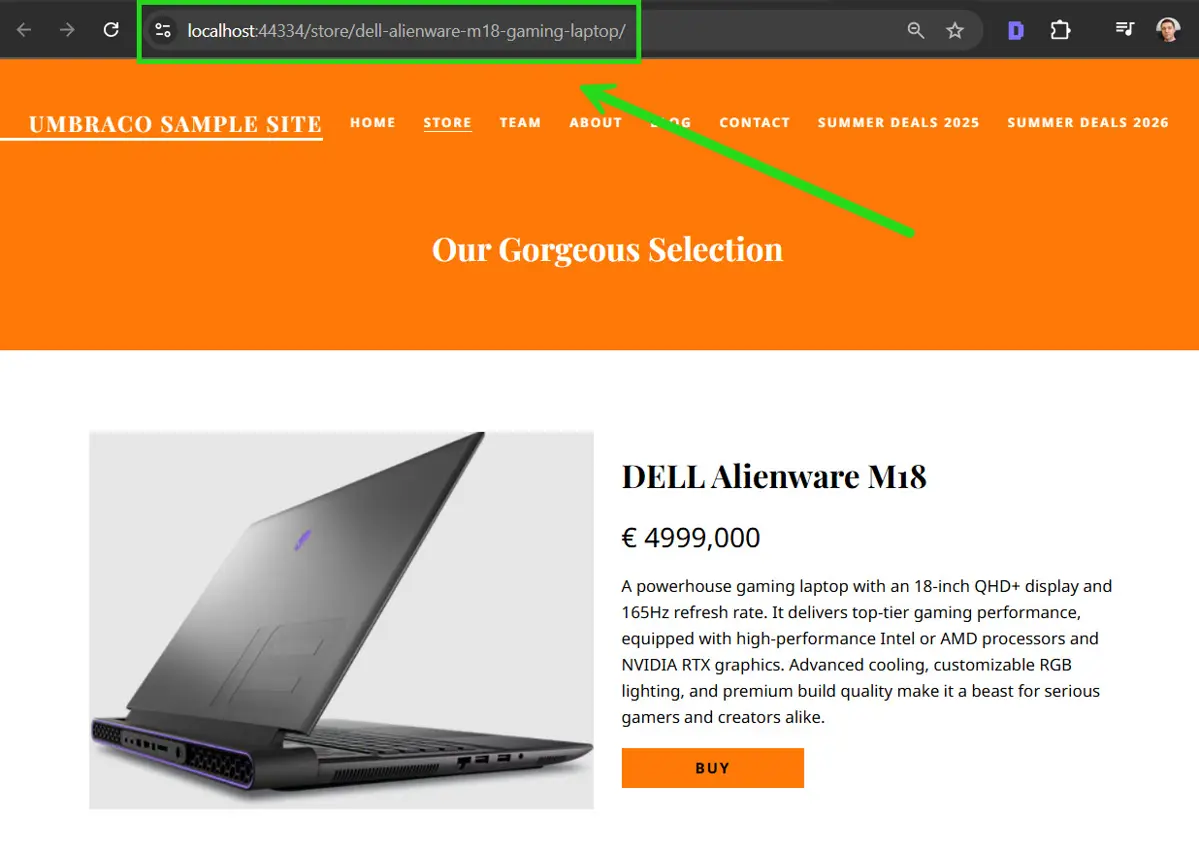 Browser showing the custom URL generated by umbracoUrlName for the Umbraco product page