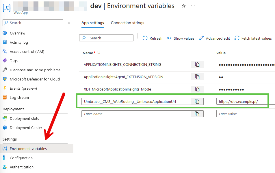 Azure App Service environment variables