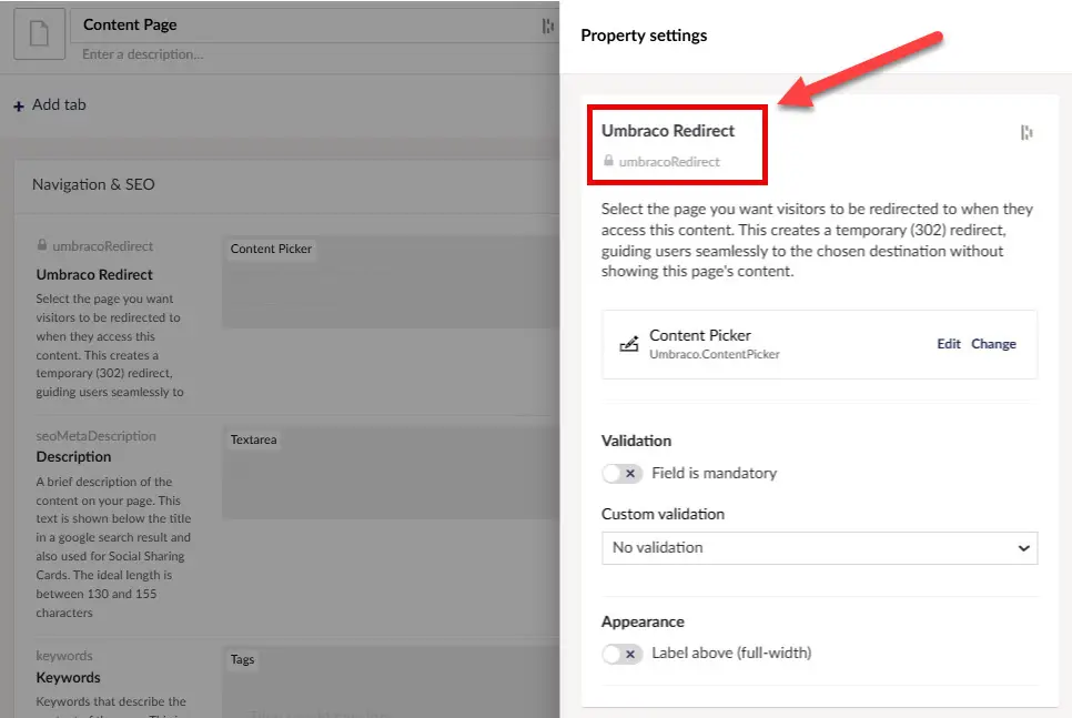 Umbraco Document Type with the reserved umbracoRedirect Content Picker property