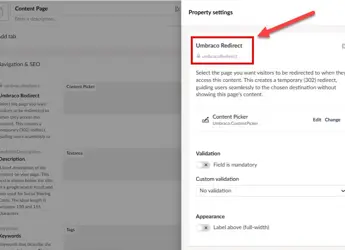 Create a 302 Redirect in Umbraco with umbracoRedirect