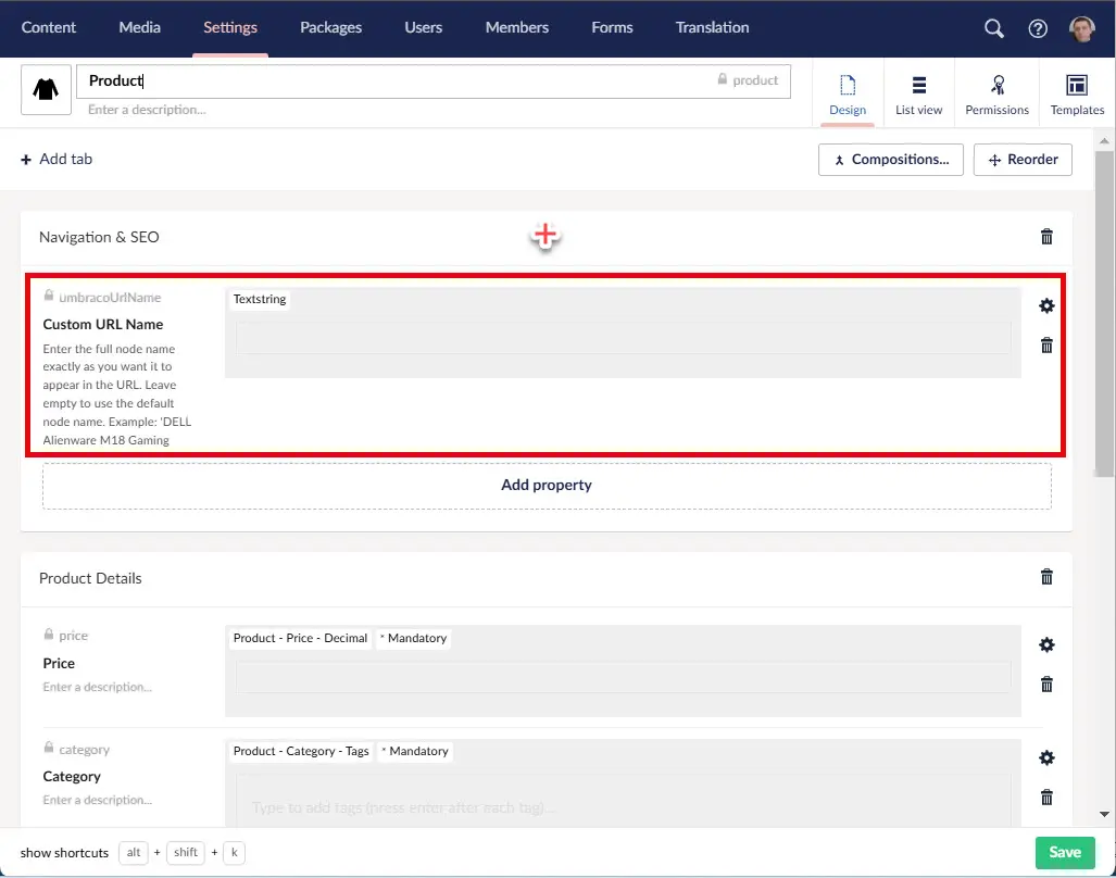 Umbraco Document Type with the reserved umbracoUrlName text property