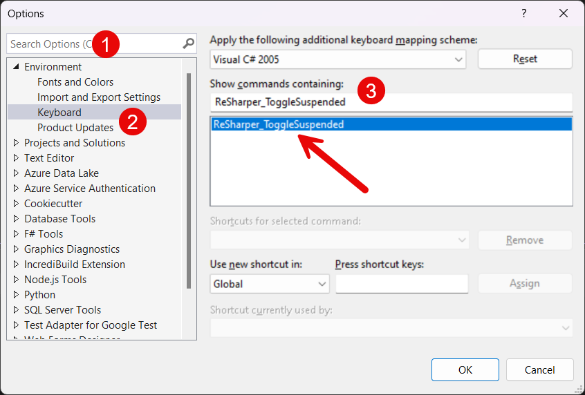 ReSharper exposes the Visual Studio command ReSharper_ToggleSuspended