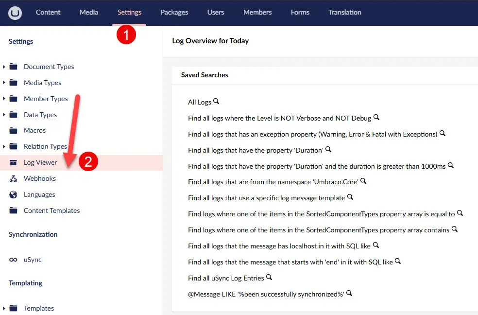 The standard Umbraco 13 backoffice LogViewer 