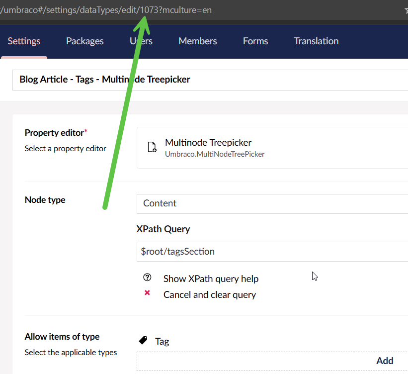 Finding the Multinode Treepicker data type identifier in the Umbraco 13 backoffice.