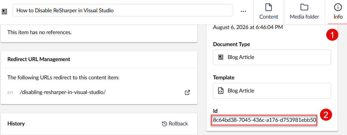 Umbraco 17 Info tab showing Redirect URL Management and the content item GUID