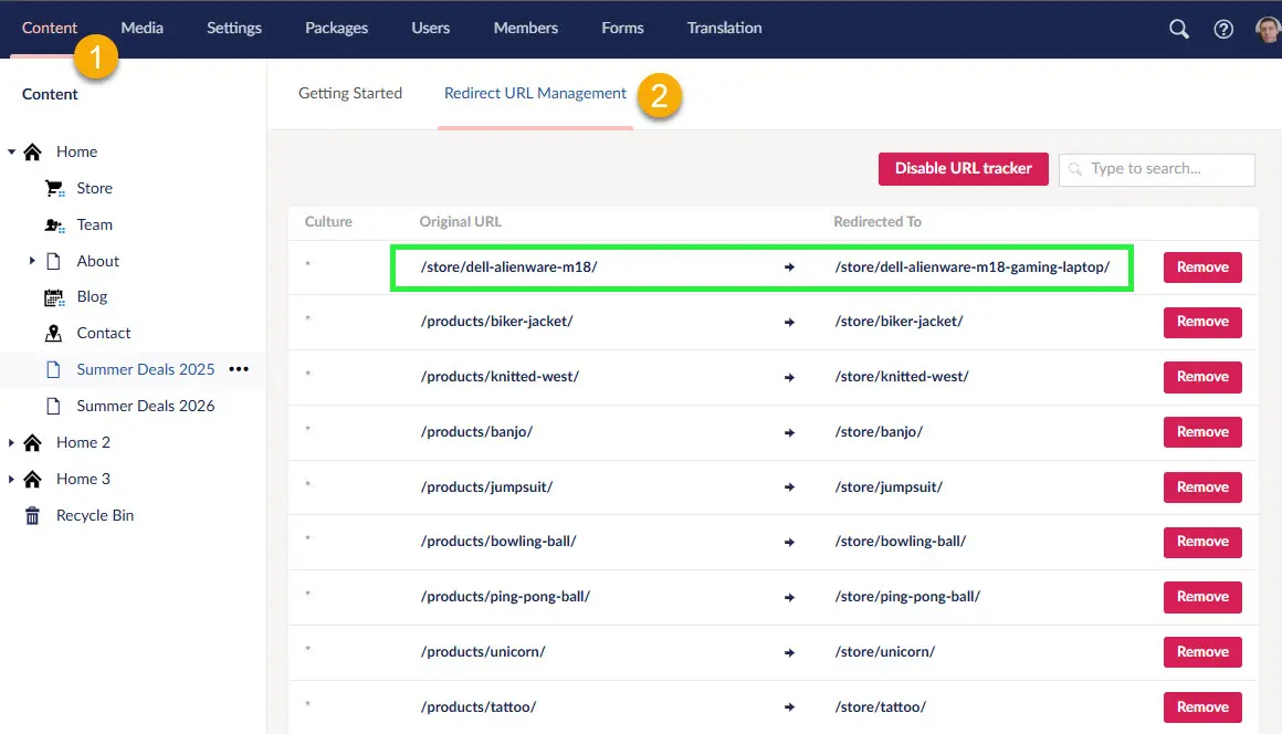 Umbraco Redirect URL Management showing the previous product URL after changing umbracoUrlName