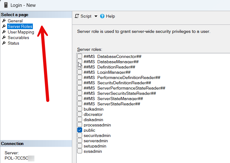 Server roles apply at the SQL Server instance level.