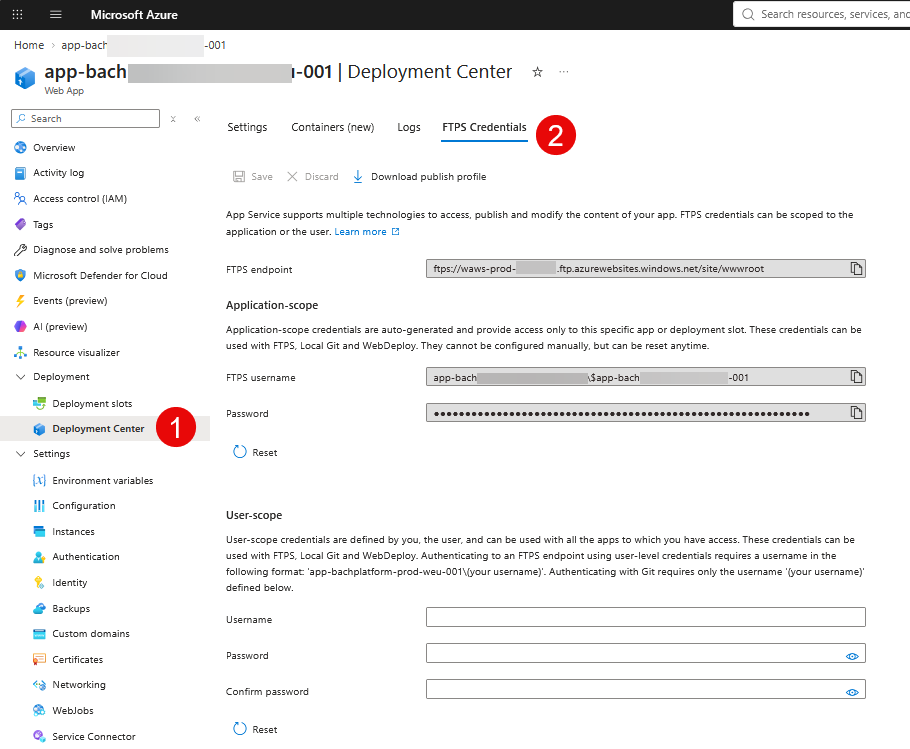 The application-scope FTPS endpoint, username, and password can now be used